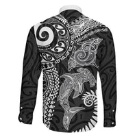 Aotearoa Maori Sea Animals Tribal Family Matching Off Shoulder Maxi Dress and Hawaiian Shirt Manta Ray and Shark Moko Pattern Black Color LT03 - Polynesian Pride