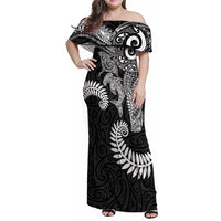 Aotearoa Maori Sea Animals Tribal Family Matching Off Shoulder Maxi Dress and Hawaiian Shirt Manta Ray and Shark Moko Pattern Black Color LT03 Mom's Dress Black - Polynesian Pride