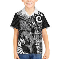 Aotearoa Maori Sea Animals Tribal Family Matching Off Shoulder Maxi Dress and Hawaiian Shirt Manta Ray and Shark Moko Pattern Black Color LT03 Son's Shirt Black - Polynesian Pride