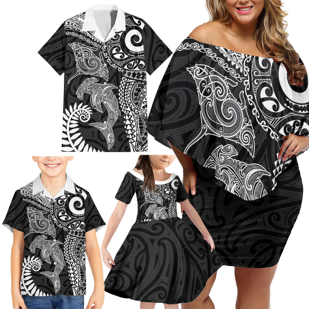 Aotearoa Maori Sea Animals Tribal Family Matching Off Shoulder Short Dress and Hawaiian Shirt Manta Ray and Shark Moko Pattern Black Color