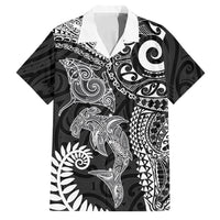 Aotearoa Maori Sea Animals Tribal Family Matching Off Shoulder Short Dress and Hawaiian Shirt Manta Ray and Shark Moko Pattern Black Color LT03 Dad's Shirt - Short Sleeve Black - Polynesian Pride