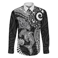 Aotearoa Maori Sea Animals Tribal Family Matching Off Shoulder Short Dress and Hawaiian Shirt Manta Ray and Shark Moko Pattern Black Color LT03 Dad's Shirt - Long Sleeve Black - Polynesian Pride