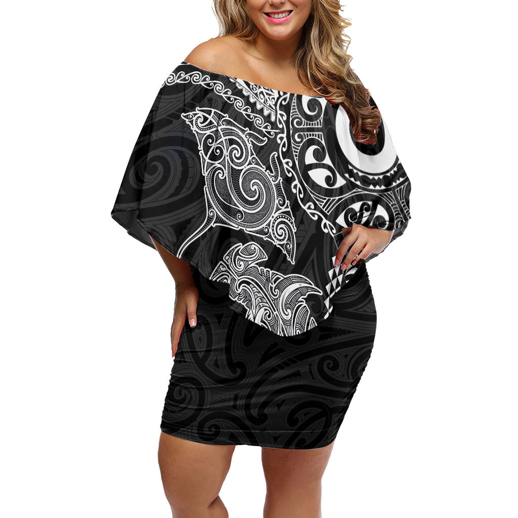Aotearoa Maori Sea Animals Tribal Family Matching Off Shoulder Short Dress and Hawaiian Shirt Manta Ray and Shark Moko Pattern Black Color LT03 Mom's Dress Black - Polynesian Pride