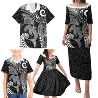 Aotearoa Maori Sea Animals Tribal Family Matching Puletasi and Hawaiian Shirt Manta Ray and Shark Moko Pattern Black Color LT03 - Polynesian Pride