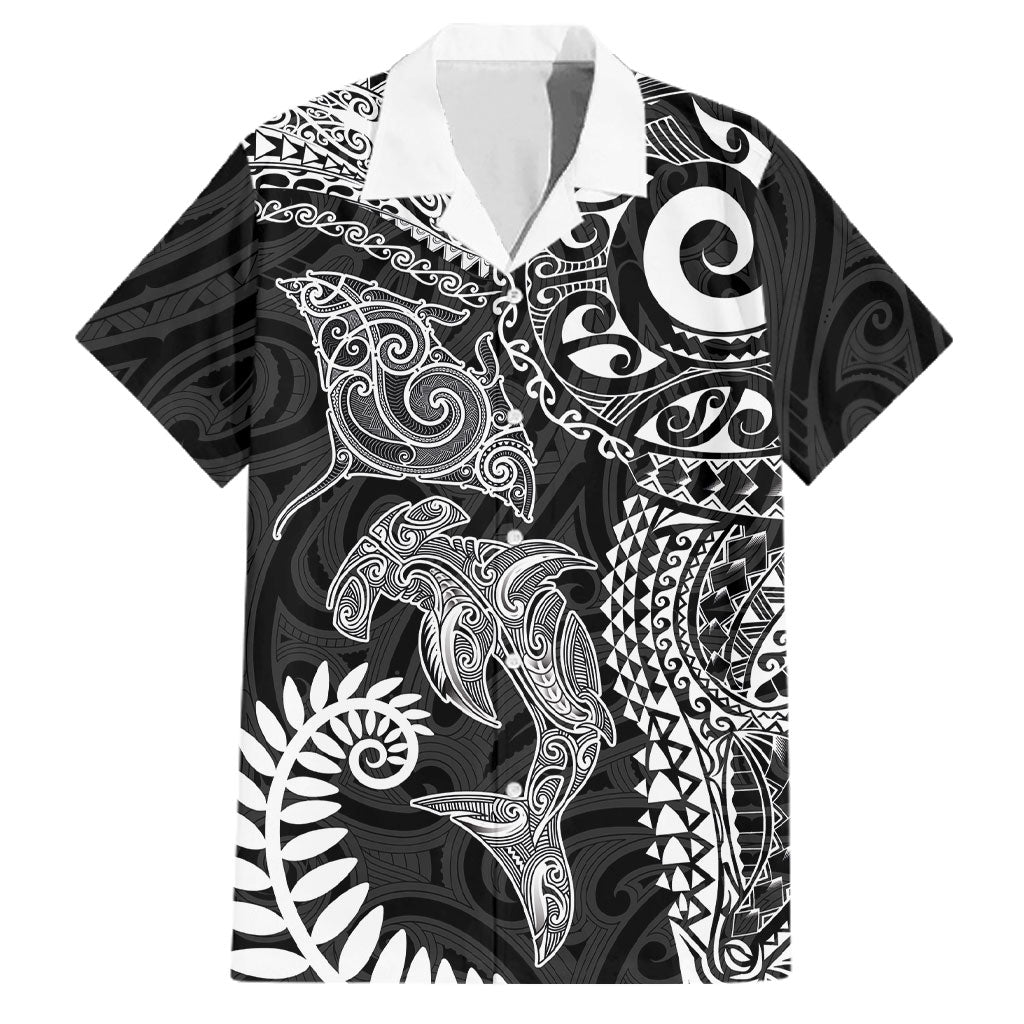 Aotearoa Maori Sea Animals Tribal Family Matching Short Sleeve Bodycon Dress and Hawaiian Shirt Manta Ray and Shark Moko Pattern Black Color LT03 Dad's Shirt - Short Sleeve Black - Polynesian Pride