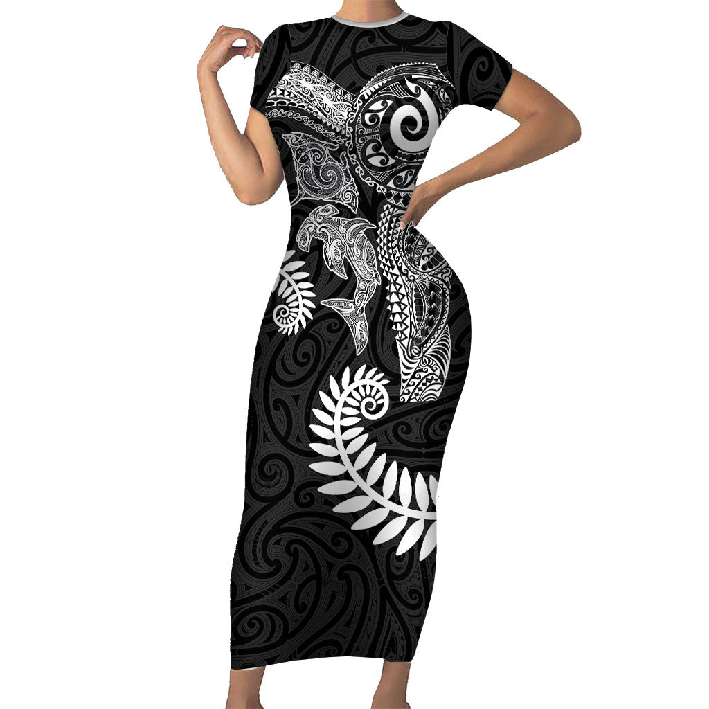 Aotearoa Maori Sea Animals Tribal Family Matching Short Sleeve Bodycon Dress and Hawaiian Shirt Manta Ray and Shark Moko Pattern Black Color LT03 Mom's Dress Black - Polynesian Pride