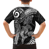 Aotearoa Maori Sea Animals Tribal Family Matching Tank Maxi Dress and Hawaiian Shirt Manta Ray and Shark Moko Pattern Black Color LT03 - Polynesian Pride