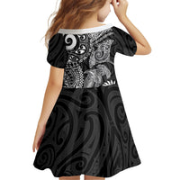 Aotearoa Maori Sea Animals Tribal Family Matching Tank Maxi Dress and Hawaiian Shirt Manta Ray and Shark Moko Pattern Black Color LT03 - Polynesian Pride