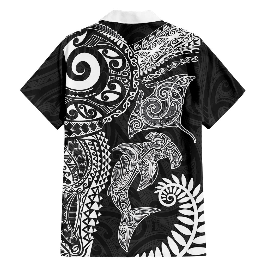 Aotearoa Maori Sea Animals Tribal Family Matching Tank Maxi Dress and Hawaiian Shirt Manta Ray and Shark Moko Pattern Black Color LT03 - Polynesian Pride