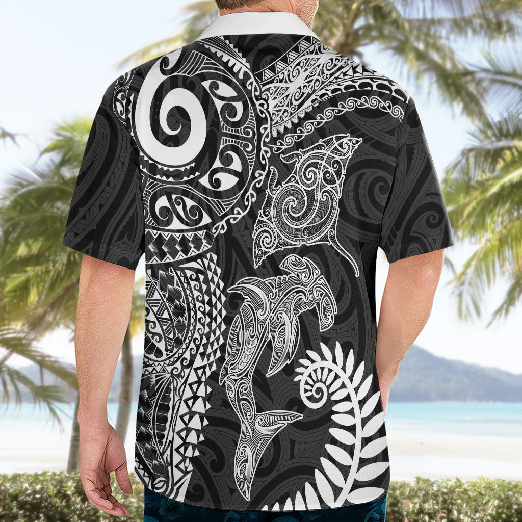 Aotearoa Maori Sea Animals Tribal Hawaiian Shirt Manta Ray and Shark Moko Pattern Black Color LT03 - Polynesian Pride