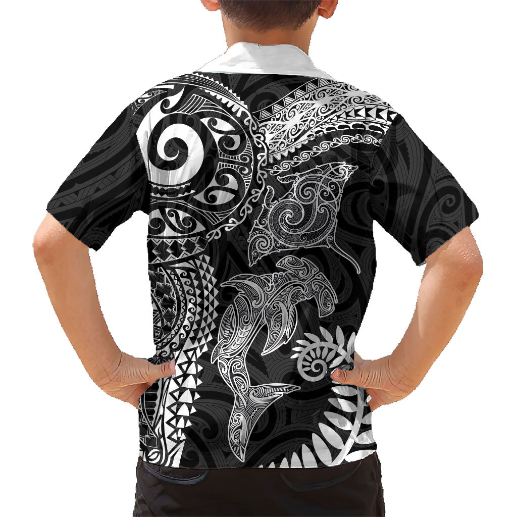 Aotearoa Maori Sea Animals Tribal Hawaiian Shirt Manta Ray and Shark Moko Pattern Black Color LT03 - Polynesian Pride