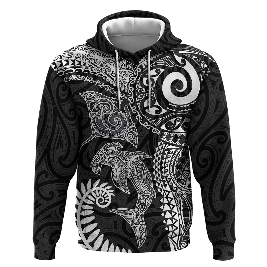 Aotearoa Maori Sea Animals Tribal Hoodie Manta Ray and Shark Moko Pattern Black Color LT03 Pullover Hoodie Black - Polynesian Pride