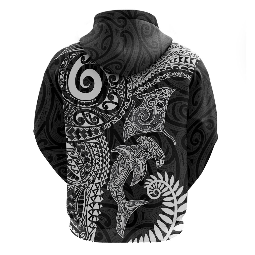 Aotearoa Maori Sea Animals Tribal Hoodie Manta Ray and Shark Moko Pattern Black Color LT03 - Polynesian Pride