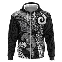 Aotearoa Maori Sea Animals Tribal Hoodie Manta Ray and Shark Moko Pattern Black Color LT03 Zip Hoodie Black - Polynesian Pride