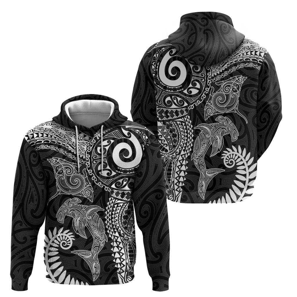 Aotearoa Maori Sea Animals Tribal Hoodie Manta Ray and Shark Moko Pattern Black Color LT03 - Polynesian Pride