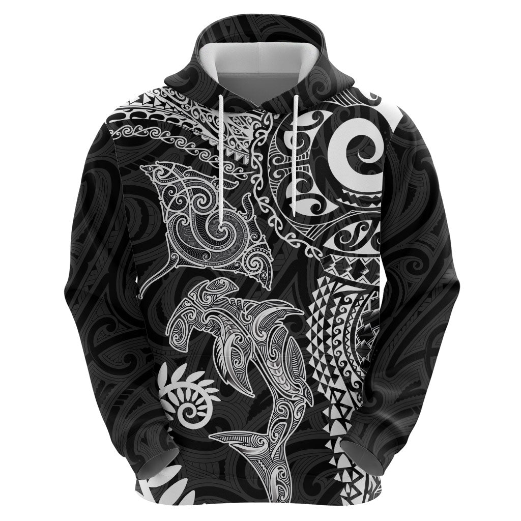 Aotearoa Maori Sea Animals Tribal Hoodie Manta Ray and Shark Moko Pattern Black Color LT03 - Polynesian Pride