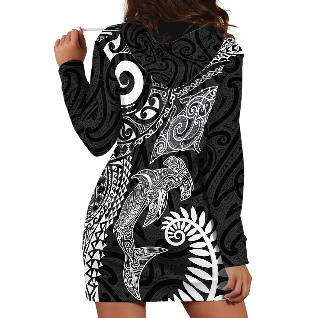 Aotearoa Maori Sea Animals Tribal Hoodie Dress Manta Ray and Shark Moko Pattern Black Color LT03 - Polynesian Pride