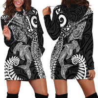 Aotearoa Maori Sea Animals Tribal Hoodie Dress Manta Ray and Shark Moko Pattern Black Color LT03 - Polynesian Pride