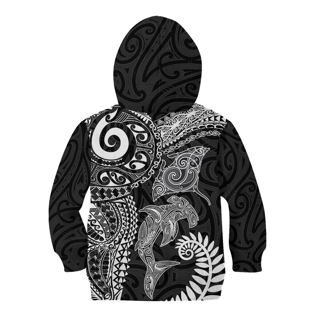Aotearoa Maori Sea Animals Tribal Kid Hoodie Manta Ray and Shark Moko Pattern Black Color LT03 - Polynesian Pride