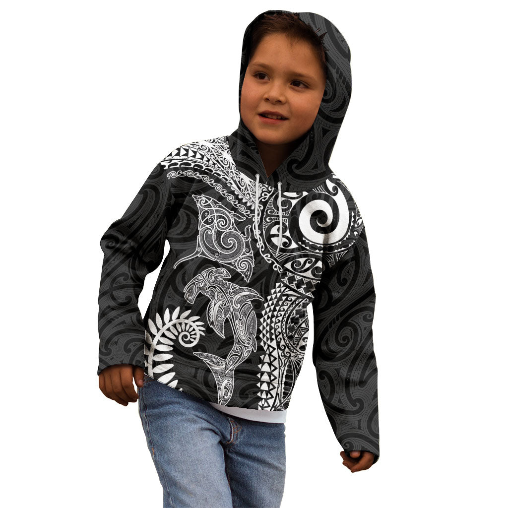 Aotearoa Maori Sea Animals Tribal Kid Hoodie Manta Ray and Shark Moko Pattern Black Color LT03 - Polynesian Pride