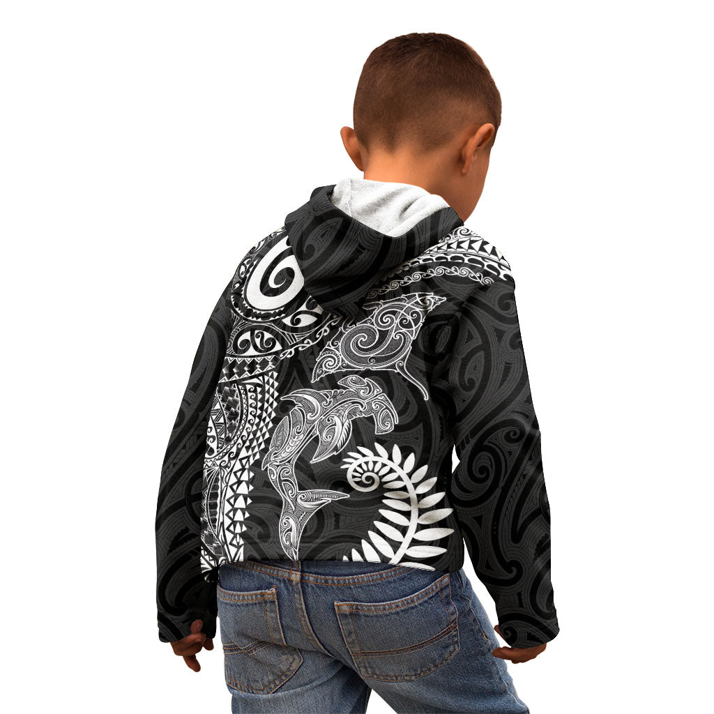 Aotearoa Maori Sea Animals Tribal Kid Hoodie Manta Ray and Shark Moko Pattern Black Color LT03 - Polynesian Pride