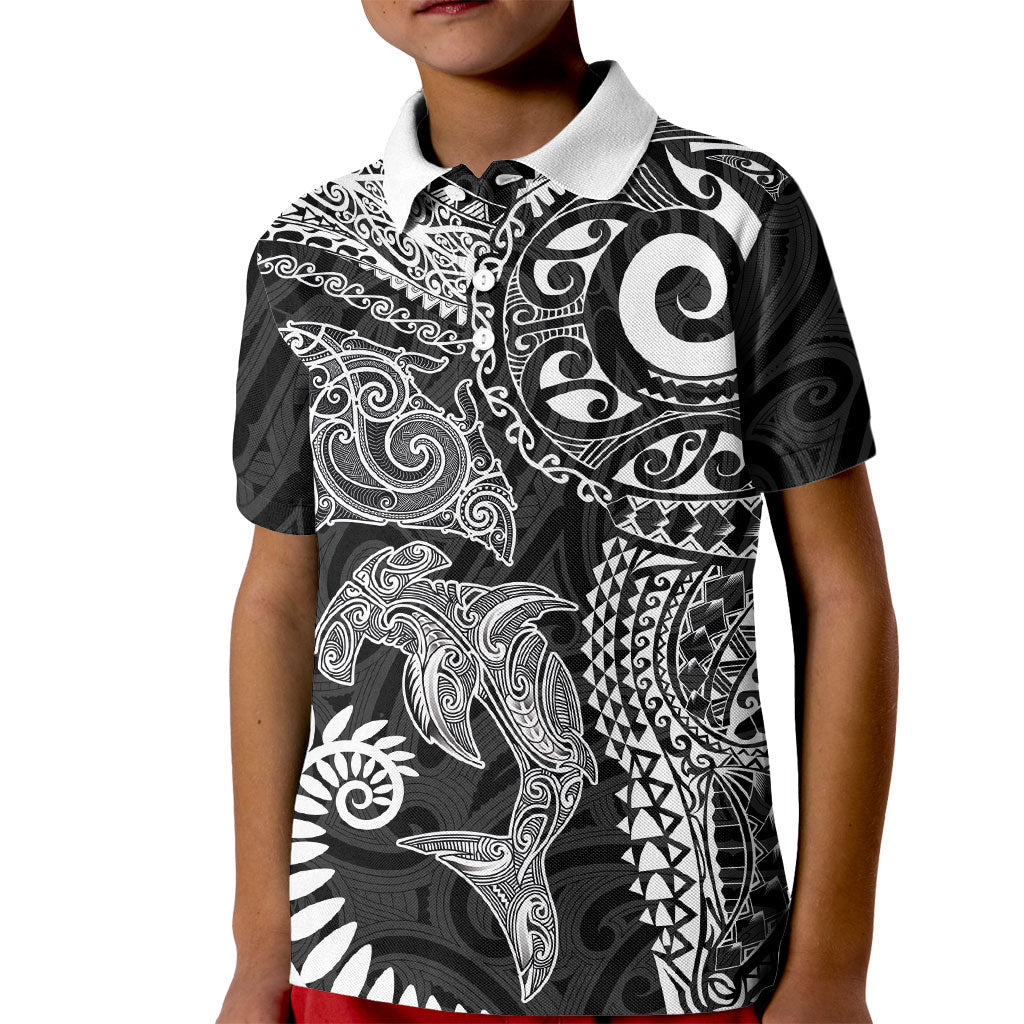 Aotearoa Maori Sea Animals Tribal Kid Polo Shirt Manta Ray and Shark Moko Pattern Black Color LT03 Kid Black - Polynesian Pride
