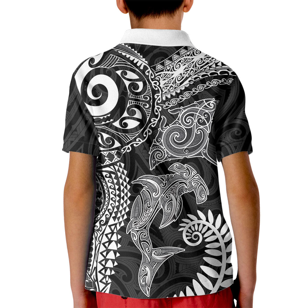 Aotearoa Maori Sea Animals Tribal Kid Polo Shirt Manta Ray and Shark Moko Pattern Black Color LT03 - Polynesian Pride