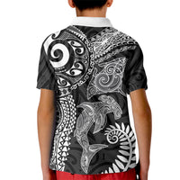 Aotearoa Maori Sea Animals Tribal Kid Polo Shirt Manta Ray and Shark Moko Pattern Black Color LT03 - Polynesian Pride