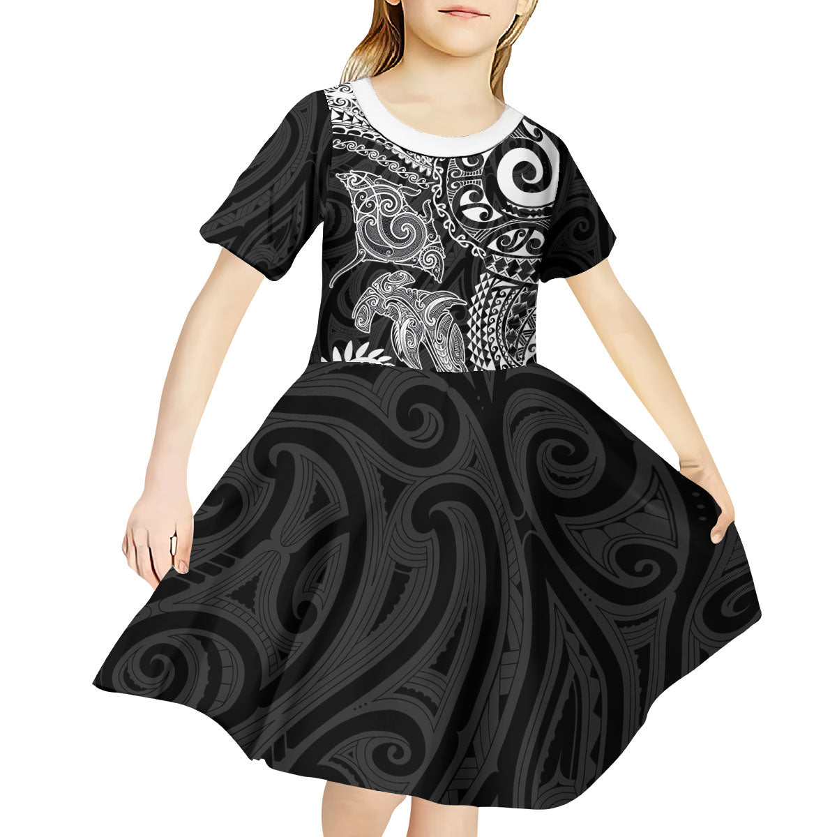 Aotearoa Maori Sea Animals Tribal Kid Short Sleeve Dress Manta Ray and Shark Moko Pattern Black Color LT03 - Polynesian Pride