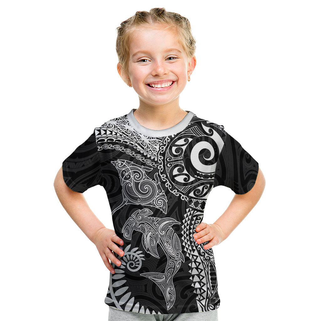 Aotearoa Maori Sea Animals Tribal Kid T Shirt Manta Ray and Shark Moko Pattern Black Color LT03 Black - Polynesian Pride