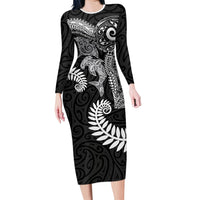 Aotearoa Maori Sea Animals Tribal Long Sleeve Bodycon Dress Manta Ray and Shark Moko Pattern Black Color LT03 Long Dress Black - Polynesian Pride