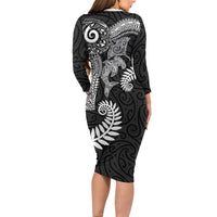 Aotearoa Maori Sea Animals Tribal Long Sleeve Bodycon Dress Manta Ray and Shark Moko Pattern Black Color LT03 - Polynesian Pride