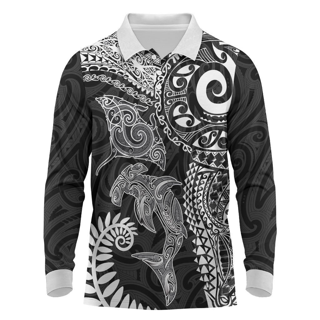 Aotearoa Maori Sea Animals Tribal Long Sleeve Polo Shirt Manta Ray and Shark Moko Pattern Black Color LT03 Black - Polynesian Pride