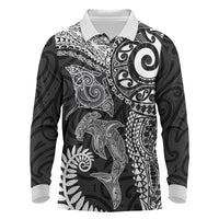 Aotearoa Maori Sea Animals Tribal Long Sleeve Polo Shirt Manta Ray and Shark Moko Pattern Black Color LT03 Black - Polynesian Pride