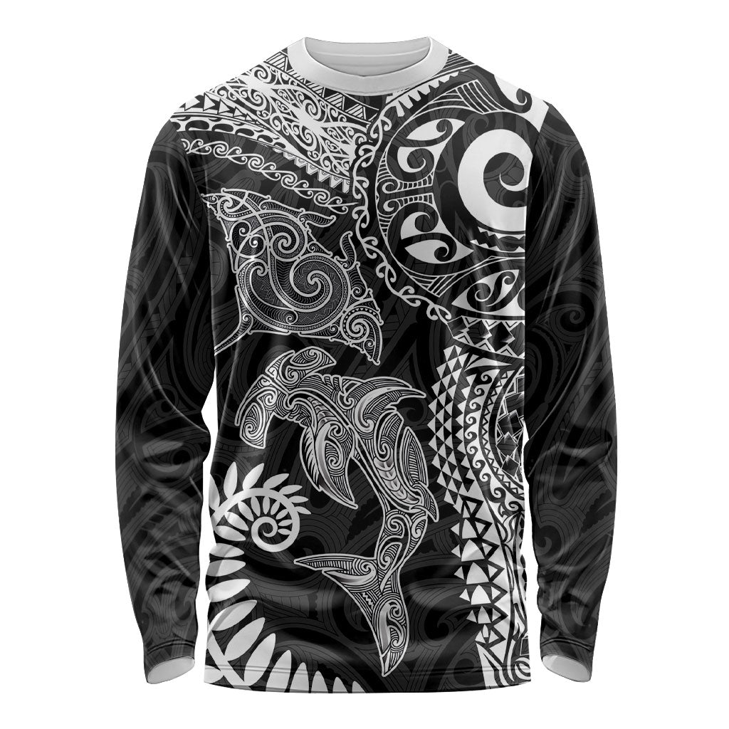 Aotearoa Maori Sea Animals Tribal Long Sleeve Shirt Manta Ray and Shark Moko Pattern Black Color LT03 Unisex Black - Polynesian Pride