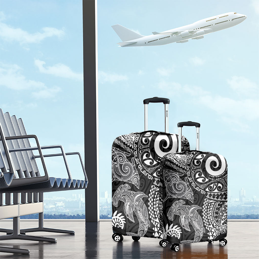 Aotearoa Maori Sea Animals Tribal Luggage Cover Manta Ray and Shark Moko Pattern Black Color LT03 - Polynesian Pride