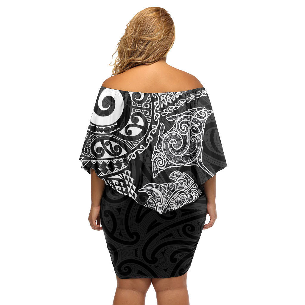 Aotearoa Maori Sea Animals Tribal Off Shoulder Short Dress Manta Ray and Shark Moko Pattern Black Color LT03 - Polynesian Pride