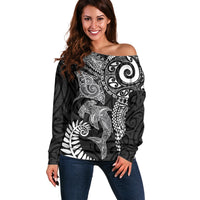 Aotearoa Maori Sea Animals Tribal Off Shoulder Sweater Manta Ray and Shark Moko Pattern Black Color