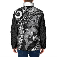 Aotearoa Maori Sea Animals Tribal Padded Jacket Manta Ray and Shark Moko Pattern Black Color