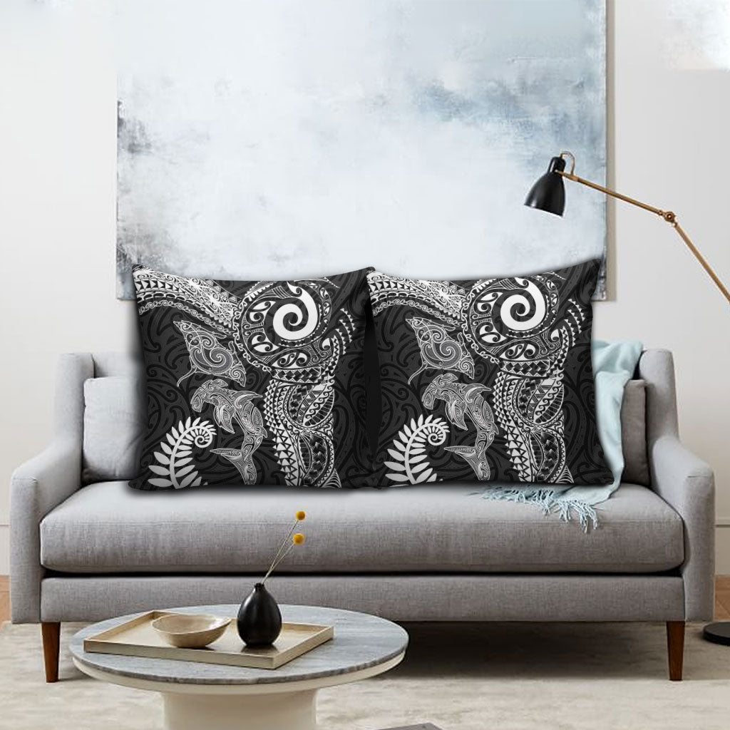 Aotearoa Maori Sea Animals Tribal Pillow Cover Manta Ray and Shark Moko Pattern Black Color