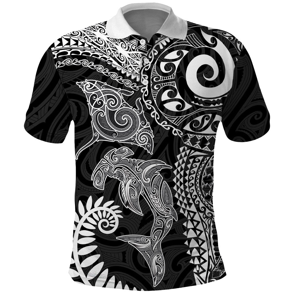 Aotearoa Maori Sea Animals Tribal Polo Shirt Manta Ray and Shark Moko Pattern Black Color LT03 Black - Polynesian Pride