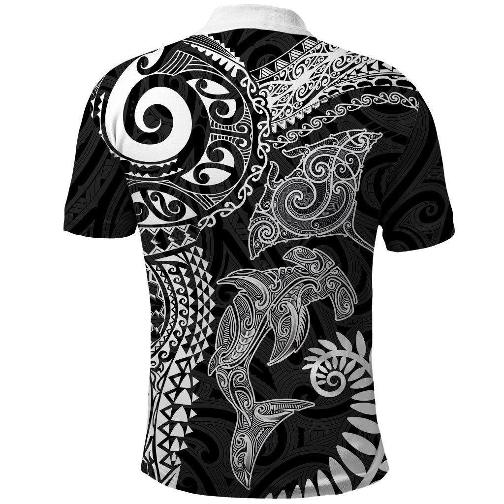 Aotearoa Maori Sea Animals Tribal Polo Shirt Manta Ray and Shark Moko Pattern Black Color LT03 - Polynesian Pride