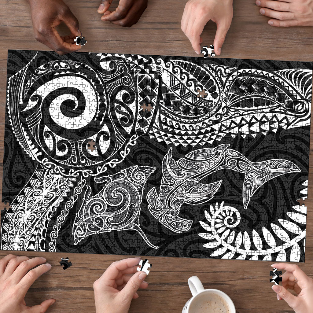 Aotearoa Maori Sea Animals Tribal Puzzle Manta Ray and Shark Moko Pattern Black Color