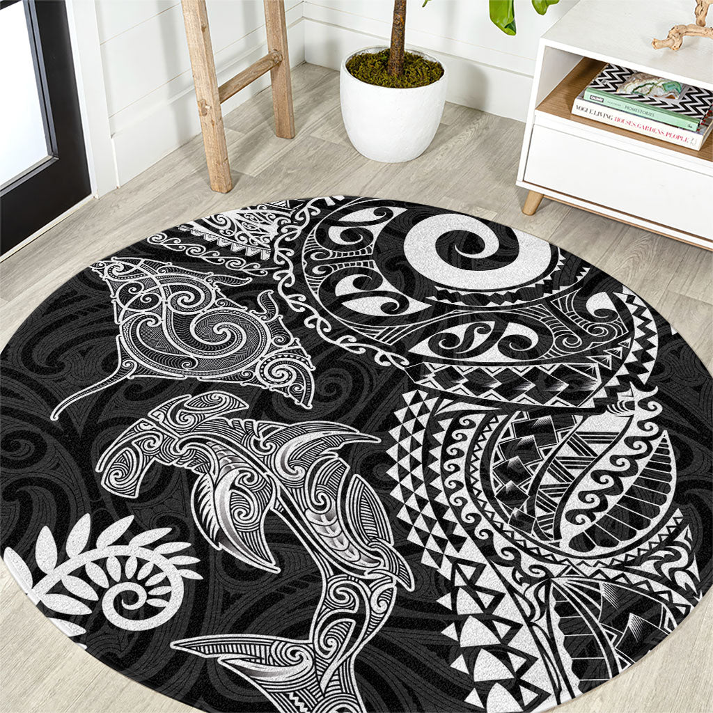Aotearoa Maori Sea Animals Tribal Round Carpet Manta Ray and Shark Moko Pattern Black Color