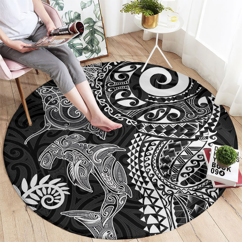 Aotearoa Maori Sea Animals Tribal Round Carpet Manta Ray and Shark Moko Pattern Black Color