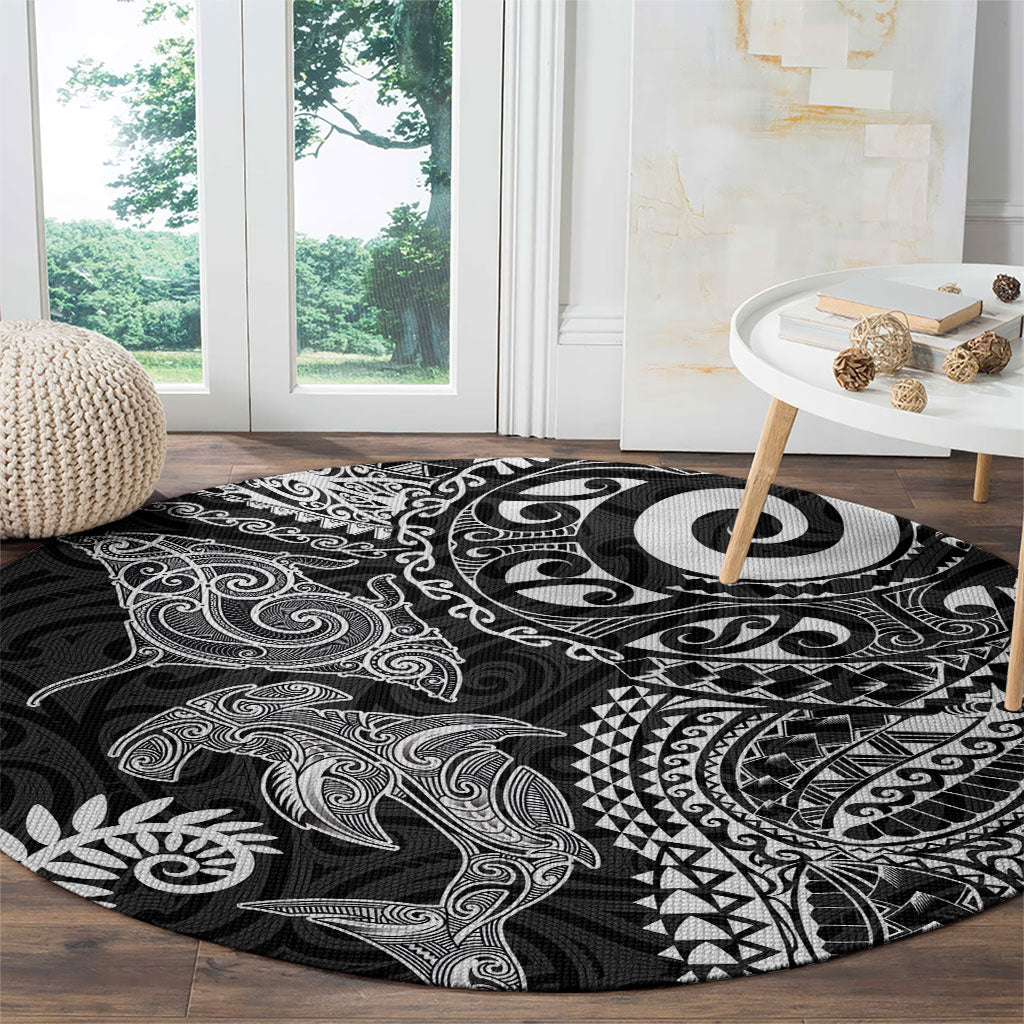 Aotearoa Maori Sea Animals Tribal Round Carpet Manta Ray and Shark Moko Pattern Black Color