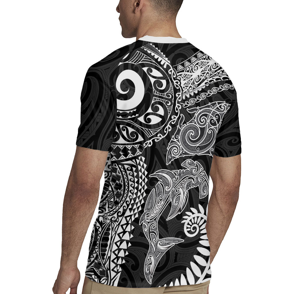 Aotearoa Maori Sea Animals Tribal Rugby Jersey Manta Ray and Shark Moko Pattern Black Color