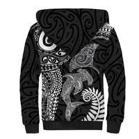 Aotearoa Maori Sea Animals Tribal Sherpa Hoodie Manta Ray and Shark Moko Pattern Black Color LT03 - Polynesian Pride