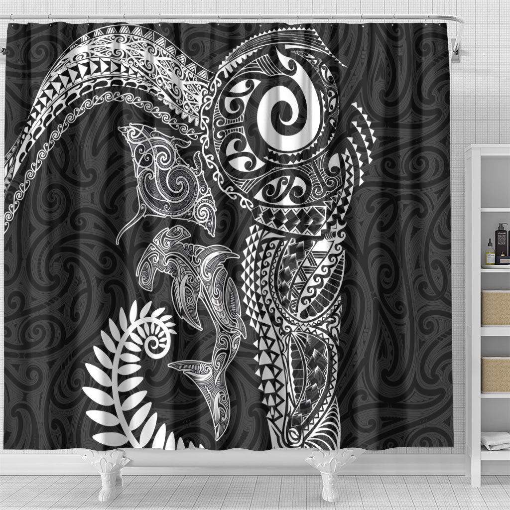 Aotearoa Maori Sea Animals Tribal Shower Curtain Manta Ray and Shark Moko Pattern Black Color