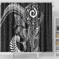 Aotearoa Maori Sea Animals Tribal Shower Curtain Manta Ray and Shark Moko Pattern Black Color